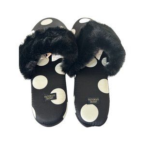 Victoria’s Secret Satin Polka Dot Slippers with Faux Fur Women’s Medium 7/8 NEW